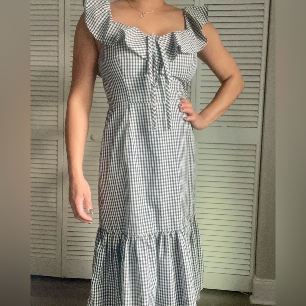 Wayf Checkered Ruffle Midi Dress - Black and White